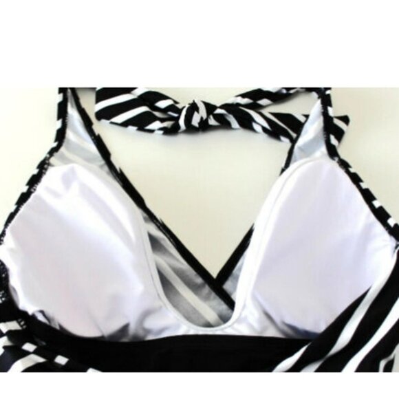 Black & White Halter Striped One-Piece Swimsuit With Wrap Front Design Back Tie - Picture 5 of 8